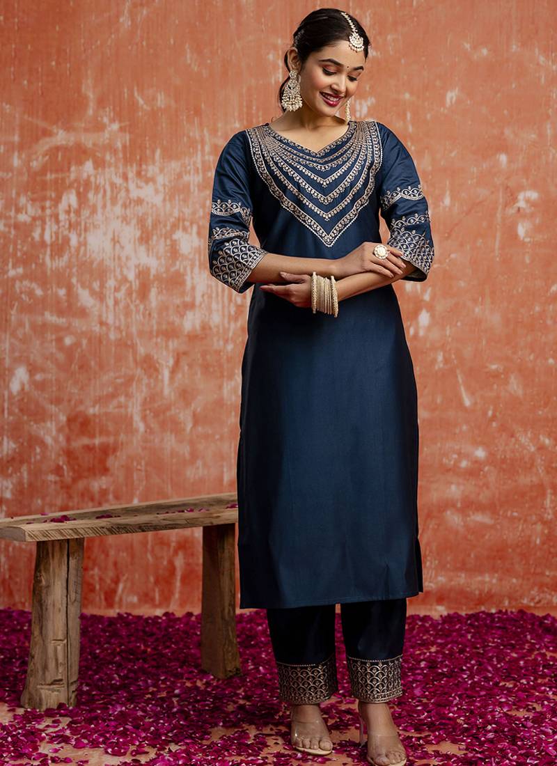 Viscose rayon navy blue casual wear embroidery work kurta set