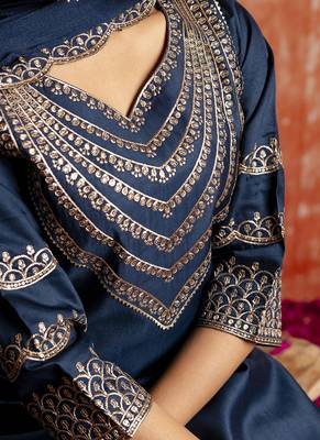 Viscose rayon navy blue casual wear embroidery work kurta set 3