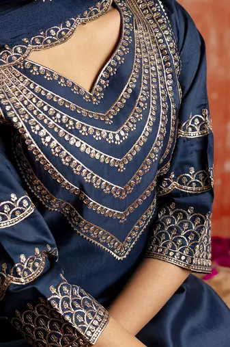 Viscose rayon navy blue casual wear embroidery work kurta set