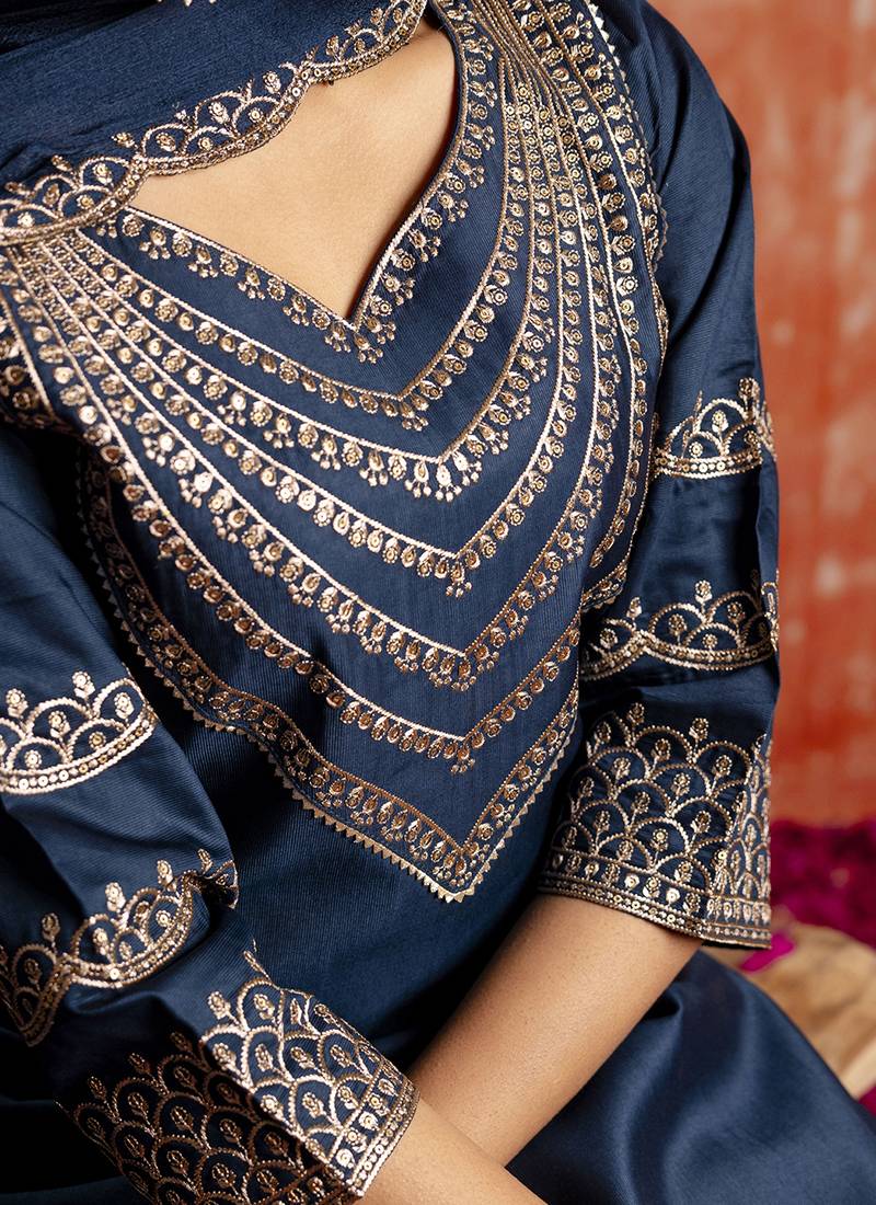 Viscose rayon navy blue casual wear embroidery work kurta set