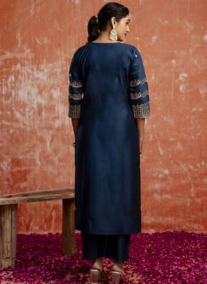 Viscose rayon navy blue casual wear embroidery work kurta set 4