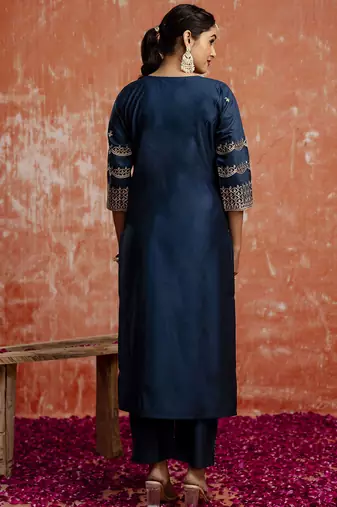 Viscose rayon navy blue casual wear embroidery work kurta set