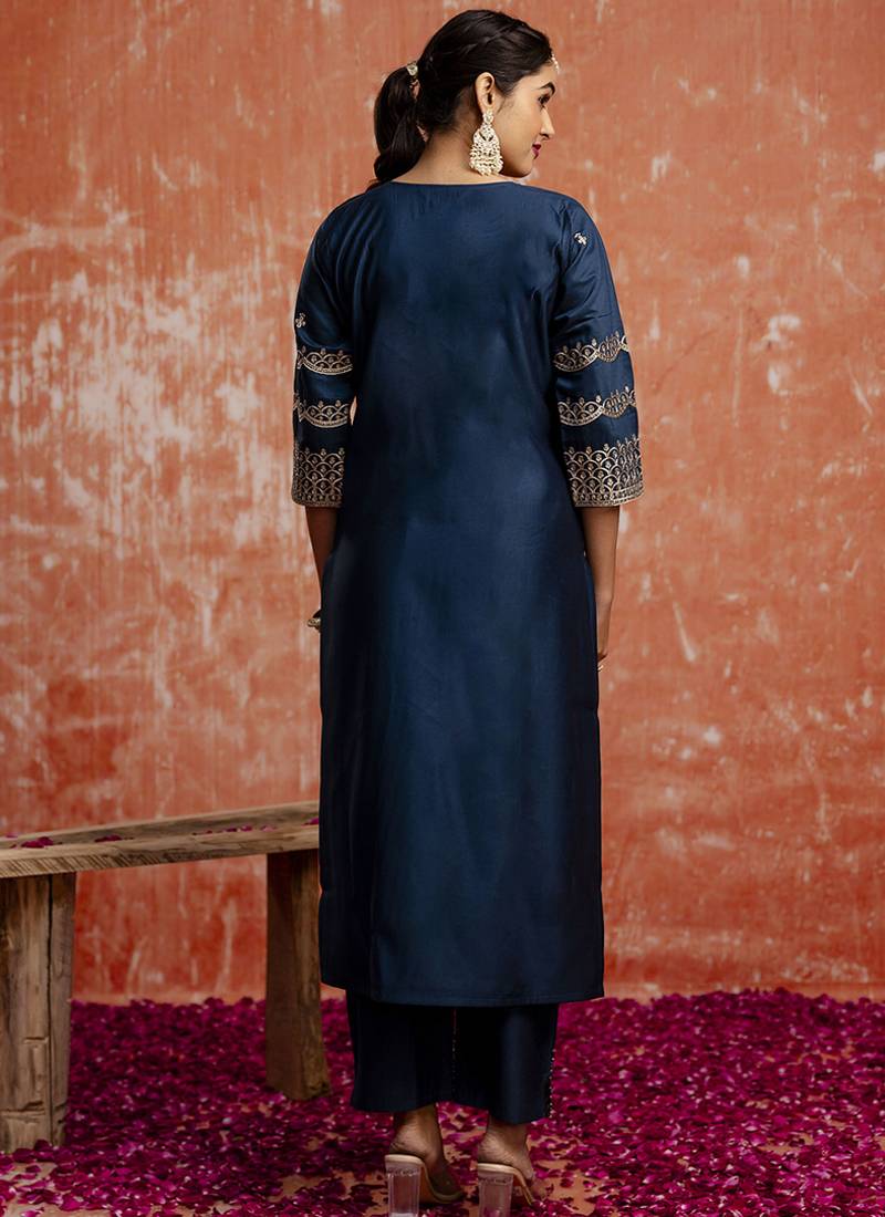 Viscose rayon navy blue casual wear embroidery work kurta set