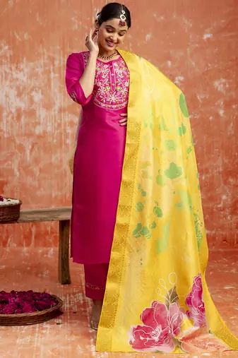 Silk blend rani pink festival wear embroidery work kurta set