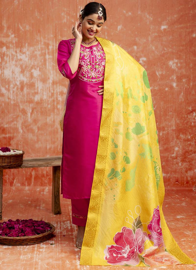Silk blend rani pink festival wear embroidery work kurta set