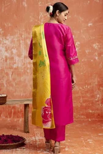 Silk blend rani pink festival wear embroidery work kurta set