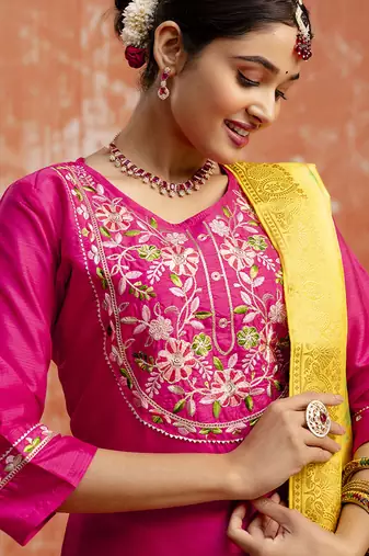 Silk blend rani pink festival wear embroidery work kurta set