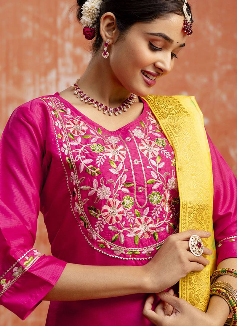 Silk blend rani pink festival wear embroidery work kurta set