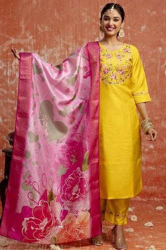 Silk blend yellow festival wear embroidery work kurta set