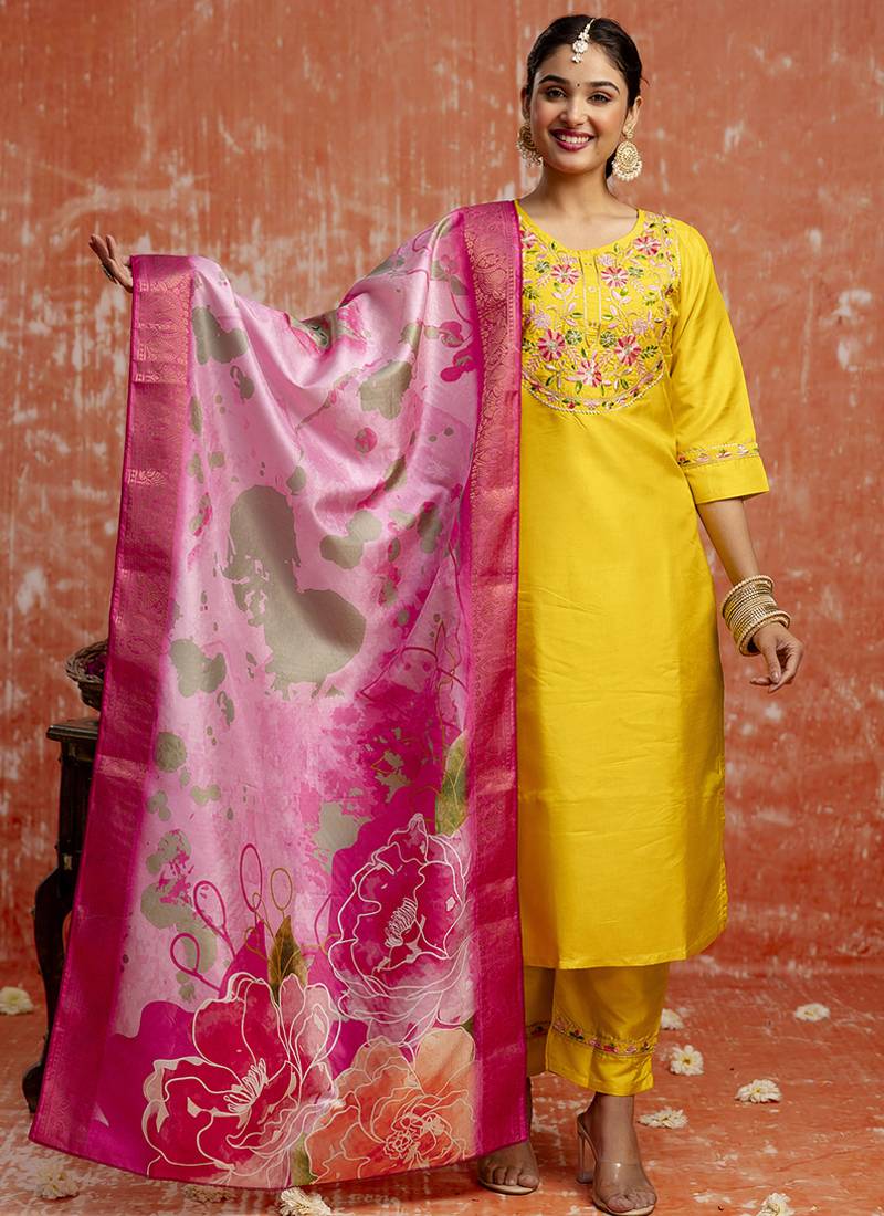 Silk blend yellow festival wear embroidery work kurta set