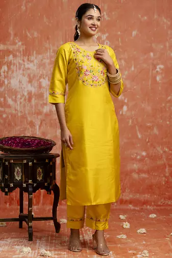 Silk blend yellow festival wear embroidery work kurta set