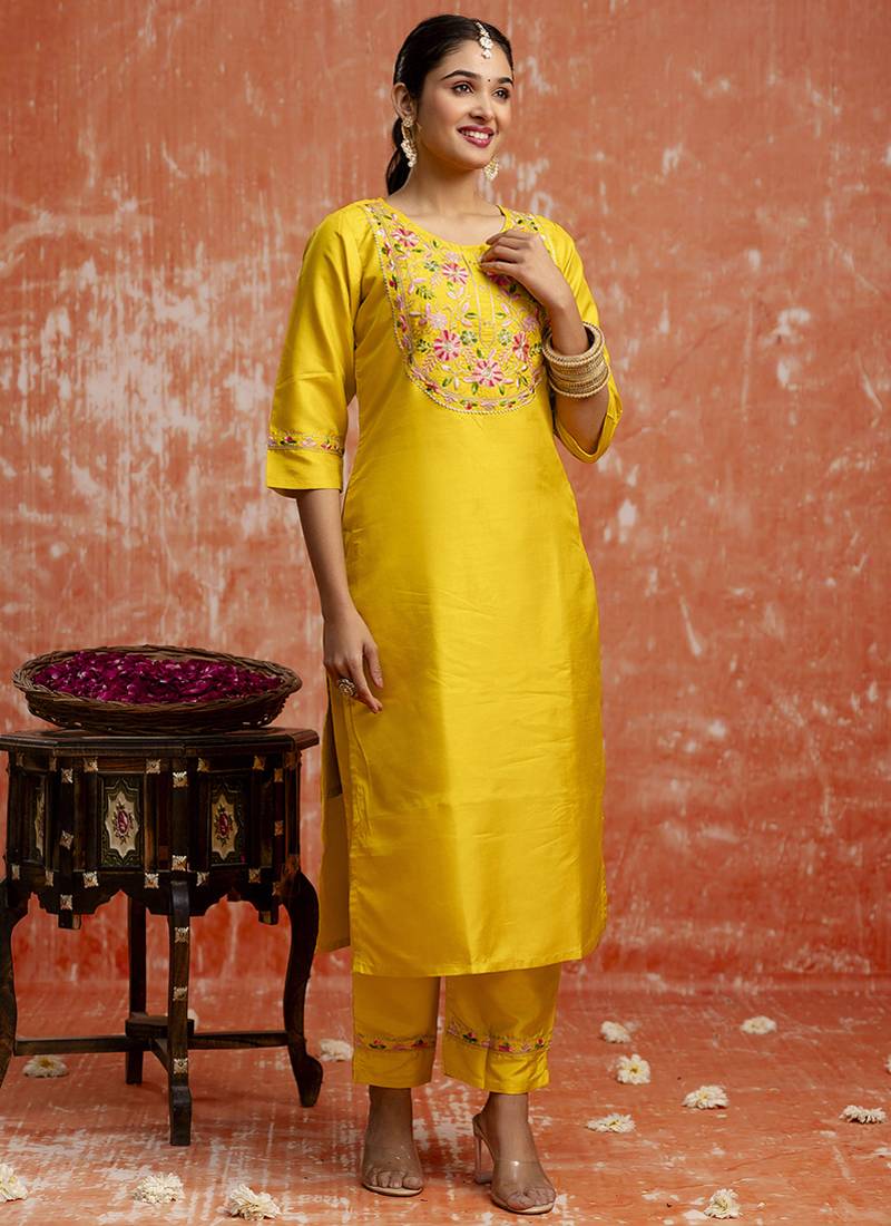 Silk blend yellow festival wear embroidery work kurta set