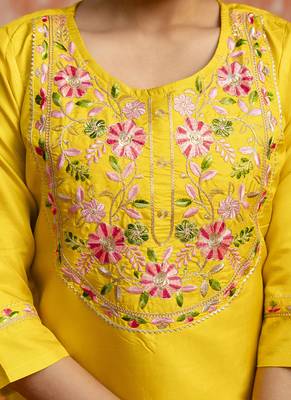 Silk blend yellow festival wear embroidery work kurta set 3