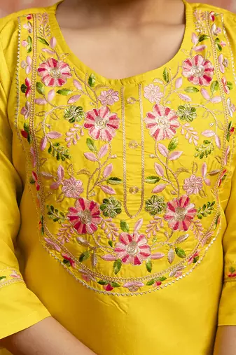 Silk blend yellow festival wear embroidery work kurta set