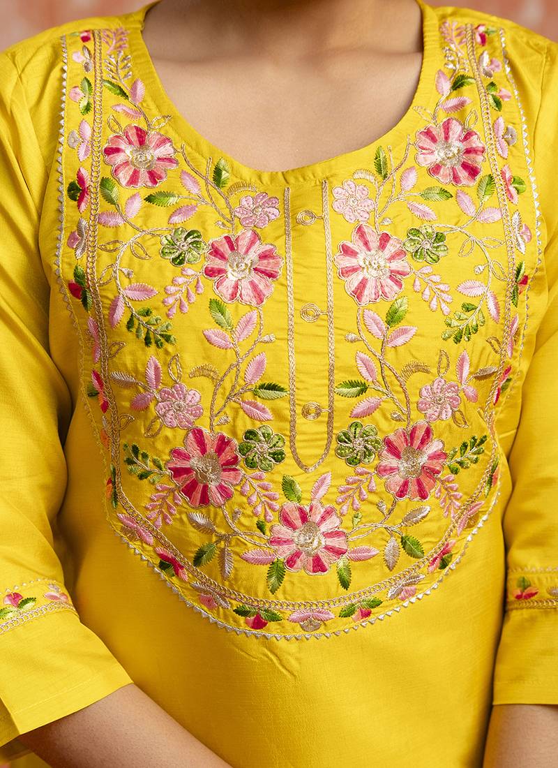 Silk blend yellow festival wear embroidery work kurta set
