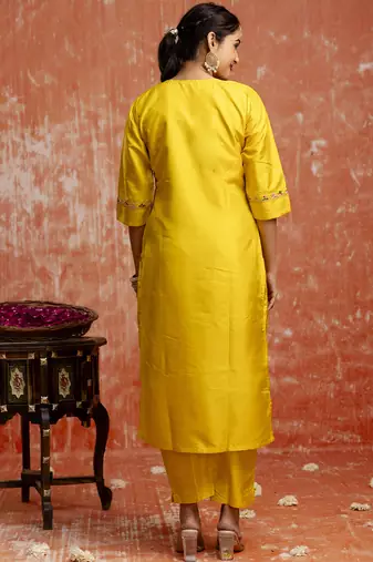 Silk blend yellow festival wear embroidery work kurta set