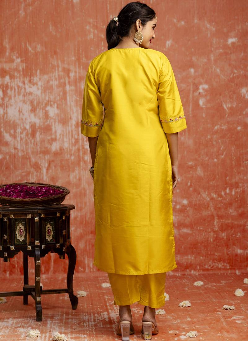 Silk blend yellow festival wear embroidery work kurta set