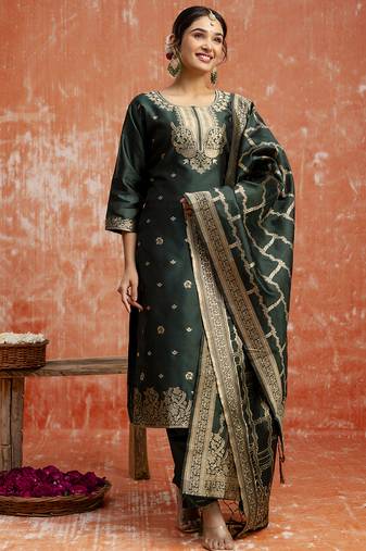 Cotton silk blend dark green party wear zari work kurta set