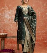 Cotton silk blend dark green party wear zari work kurta set