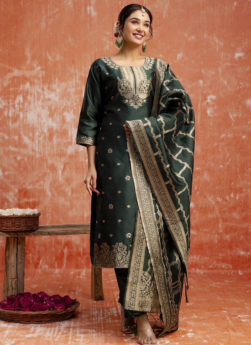 Cotton silk blend dark green party wear zari work kurta set