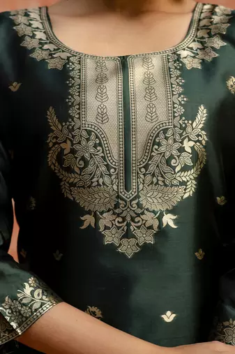 Cotton silk blend dark green party wear zari work kurta set