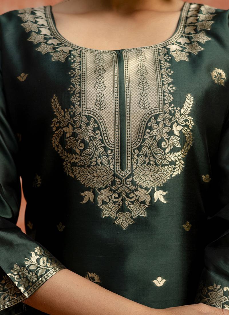 Cotton silk blend dark green party wear zari work kurta set