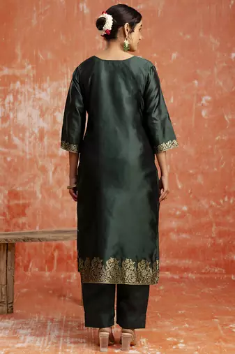 Cotton silk blend dark green party wear zari work kurta set