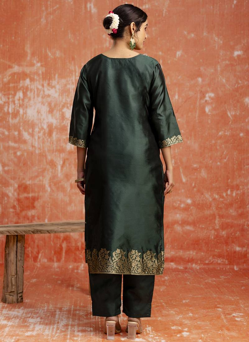 Cotton silk blend dark green party wear zari work kurta set
