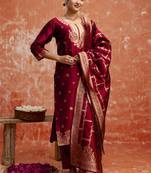 Cotton silk blend red party wear zari work kurta set