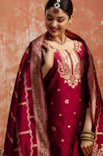 Cotton silk blend red party wear zari work kurta set