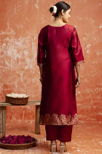 Cotton silk blend red party wear zari work kurta set
