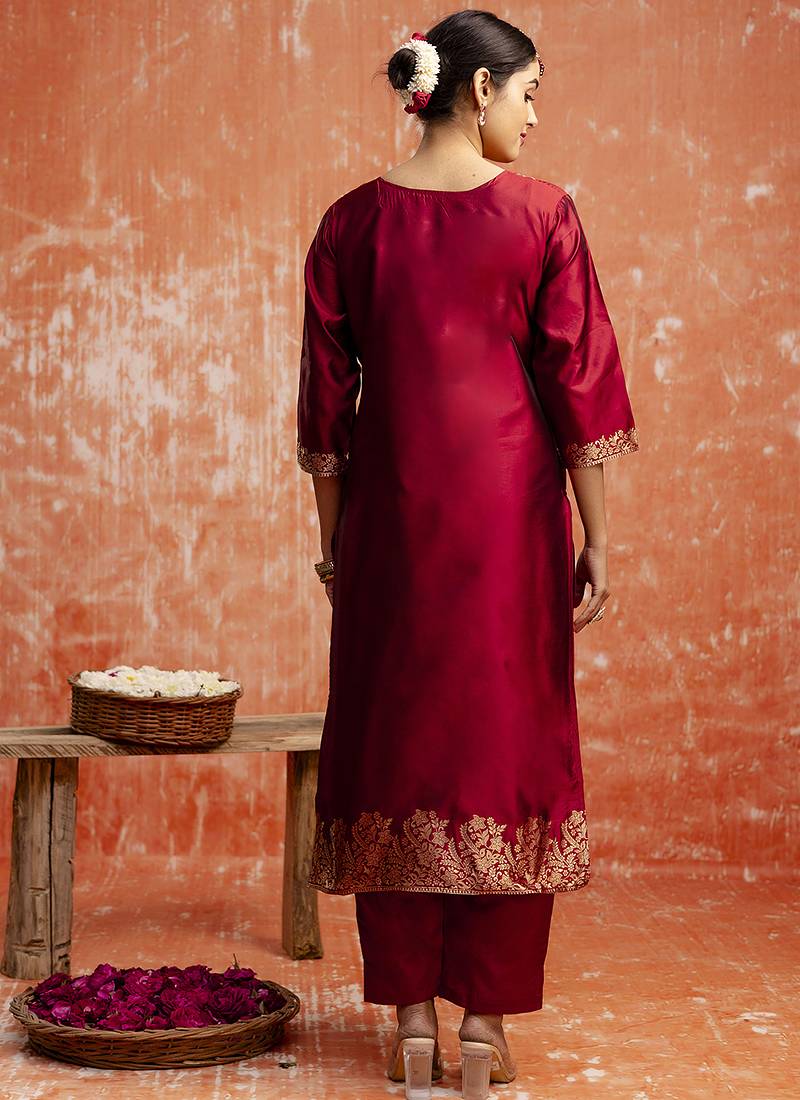 Cotton silk blend red party wear zari work kurta set