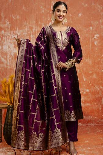 Cotton silk blend wine party wear zari work kurta set