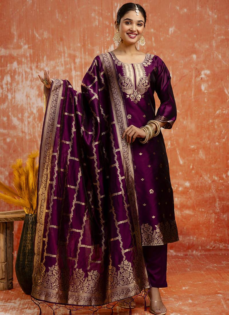 Cotton silk blend wine party wear zari work kurta set