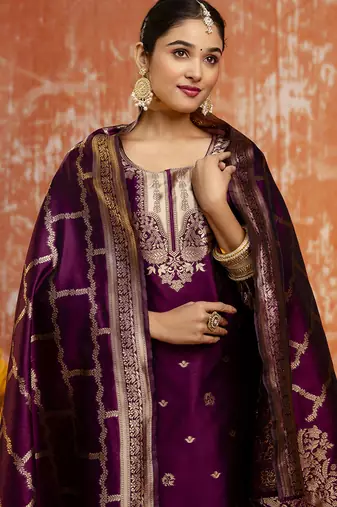 Cotton silk blend wine party wear zari work kurta set
