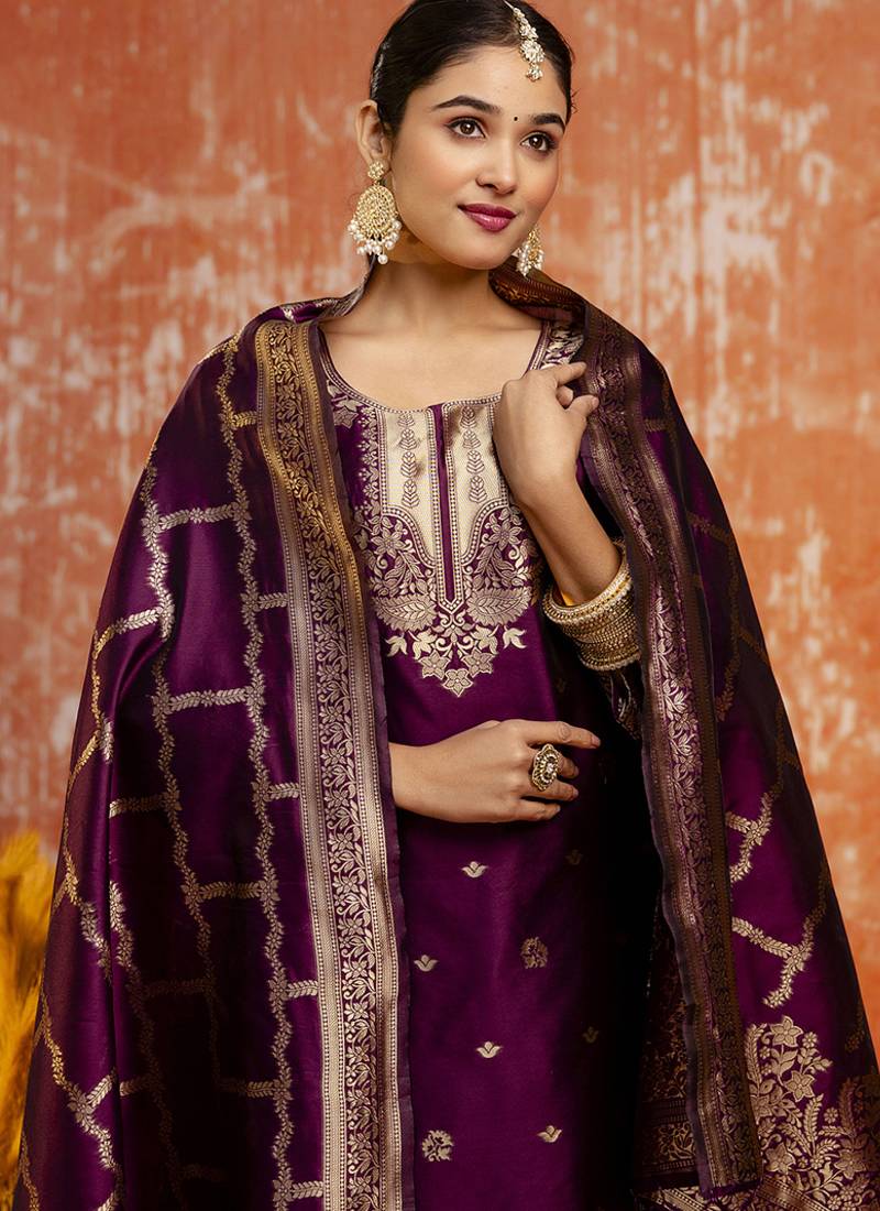 Cotton silk blend wine party wear zari work kurta set