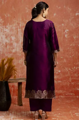 Cotton silk blend wine party wear zari work kurta set
