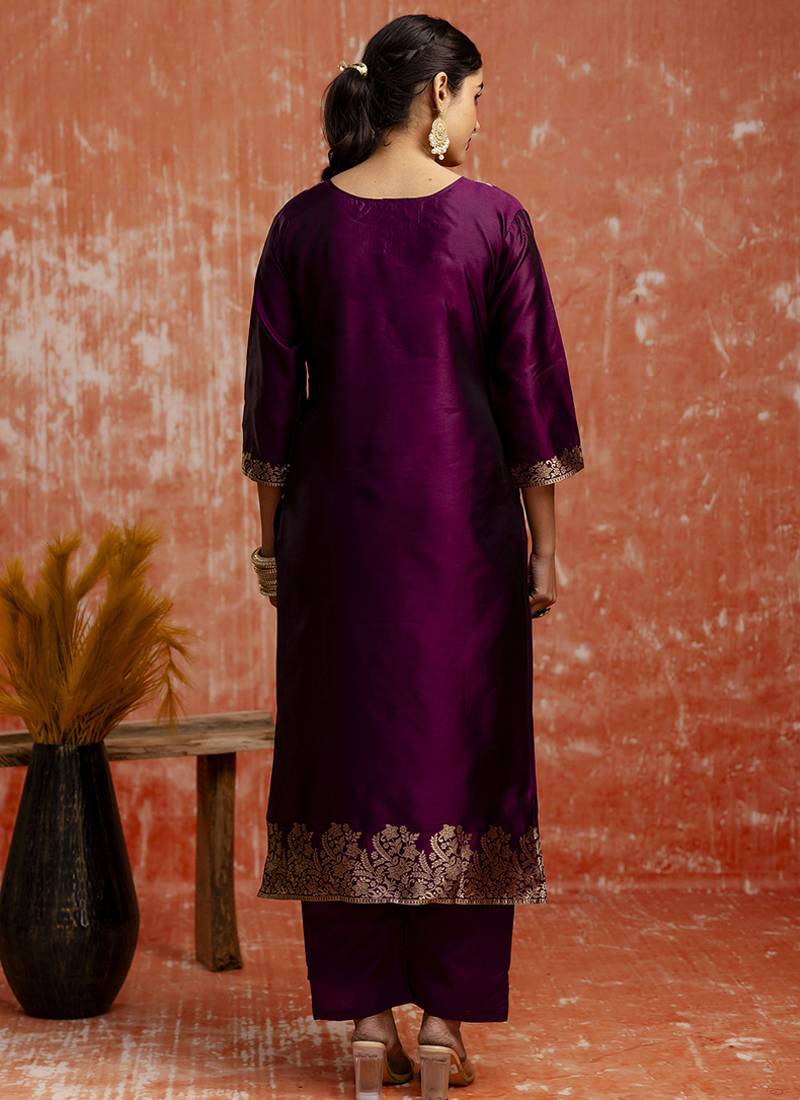 Cotton silk blend wine party wear zari work kurta set