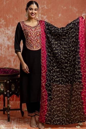 Viscose black party wear embroidery work kurta set