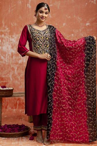 Viscose red party wear embroidery work kurta set