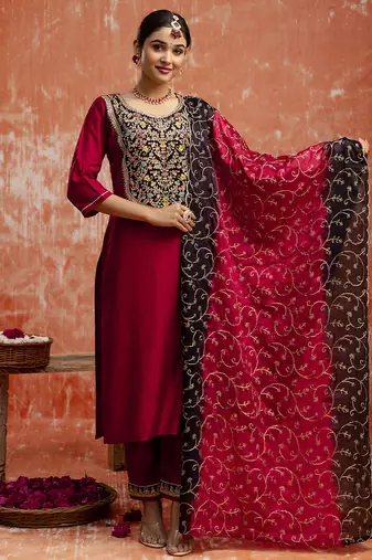 Viscose red party wear embroidery work kurta set