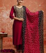 Viscose red party wear embroidery work kurta set