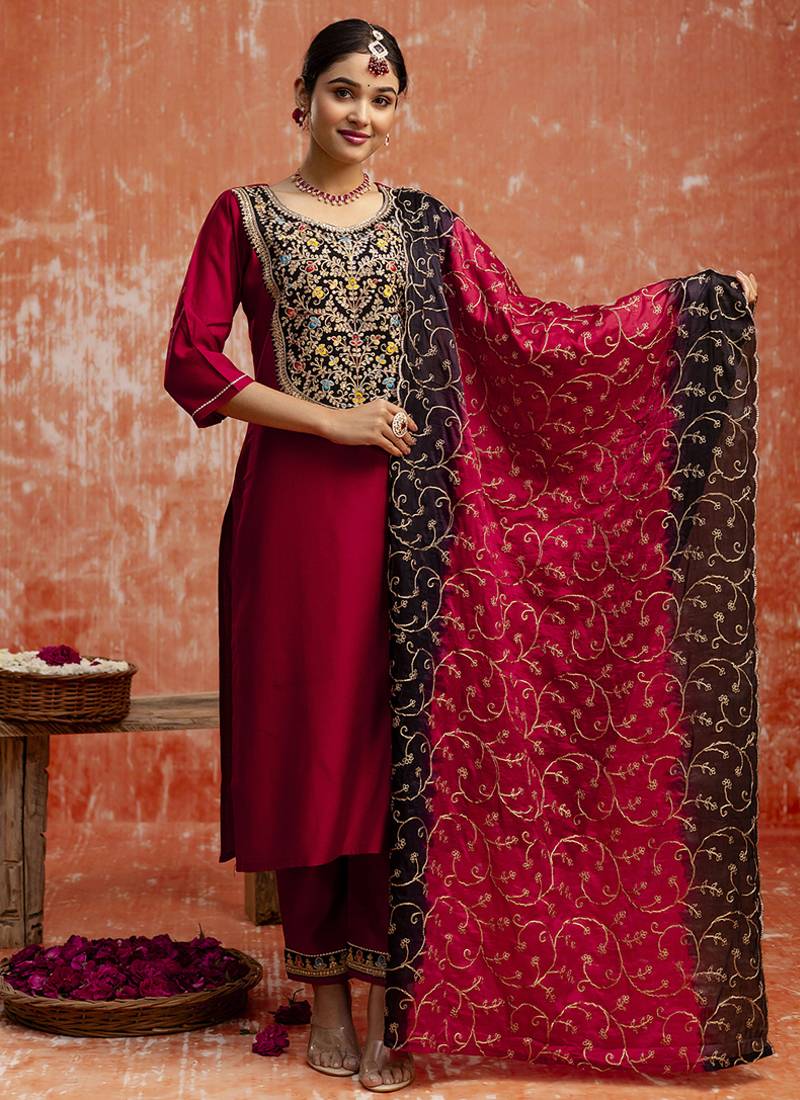 Viscose red party wear embroidery work kurta set