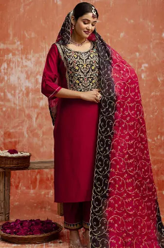 Viscose red party wear embroidery work kurta set