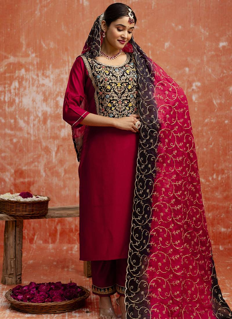 Viscose red party wear embroidery work kurta set