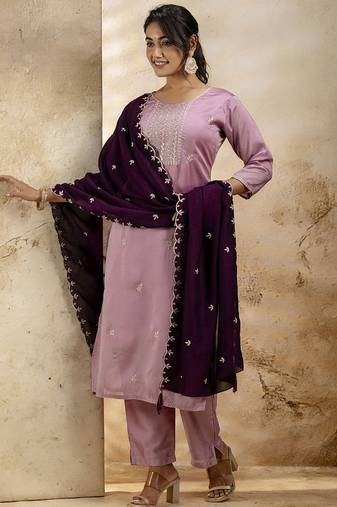 Silk blend pink party wear embroidery work kurta set