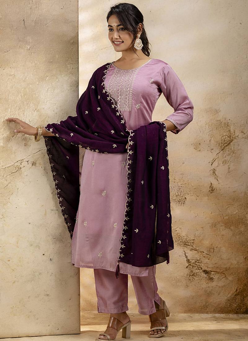 Silk blend pink party wear embroidery work kurta set