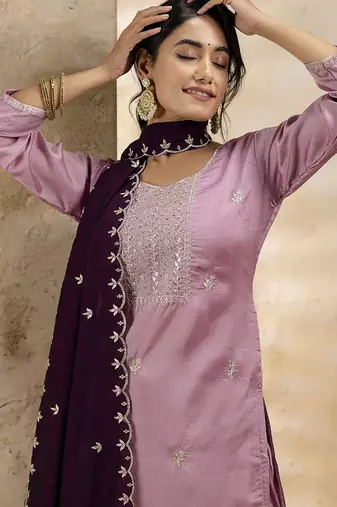 Silk blend pink party wear embroidery work kurta set