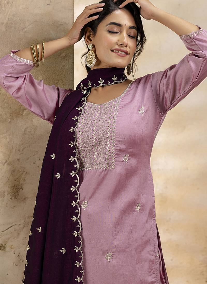 Silk blend pink party wear embroidery work kurta set