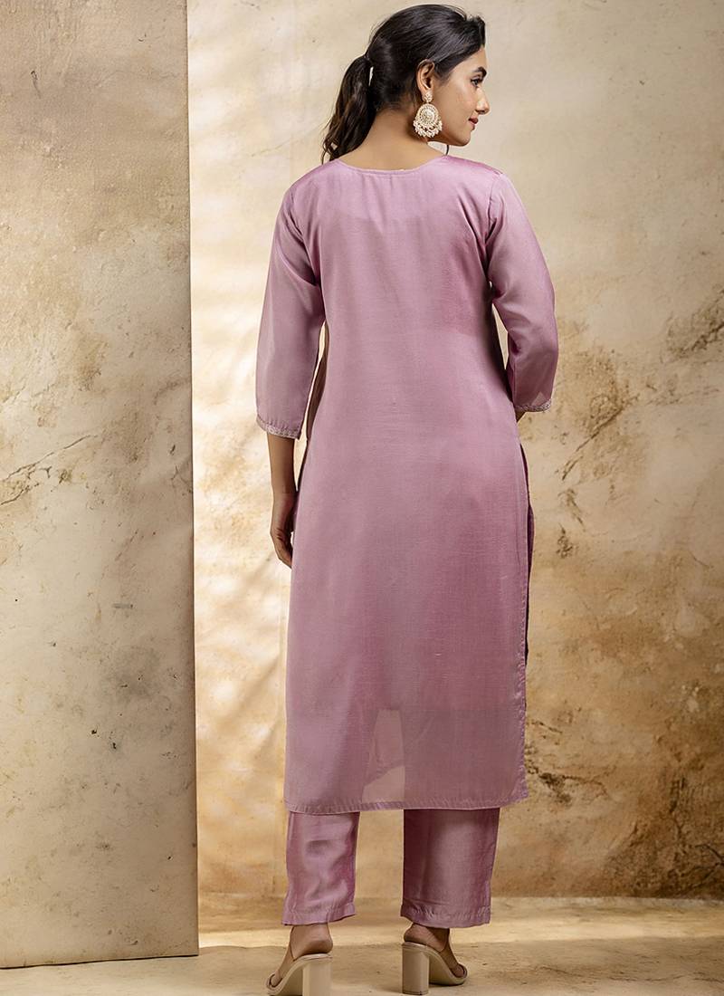 Silk blend pink party wear embroidery work kurta set